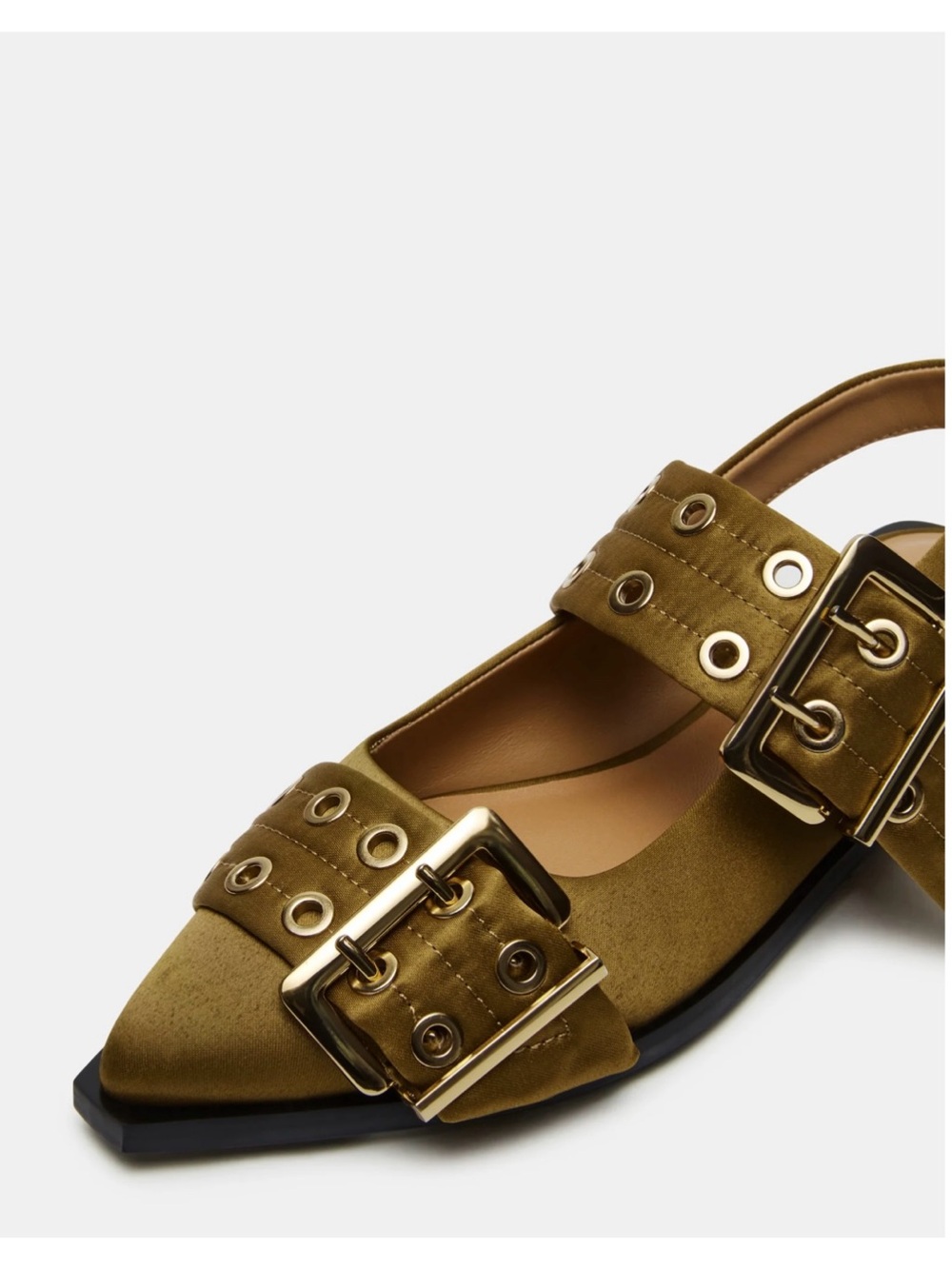 Pointed Buckle Slingback Flats in Olive Satin NIB